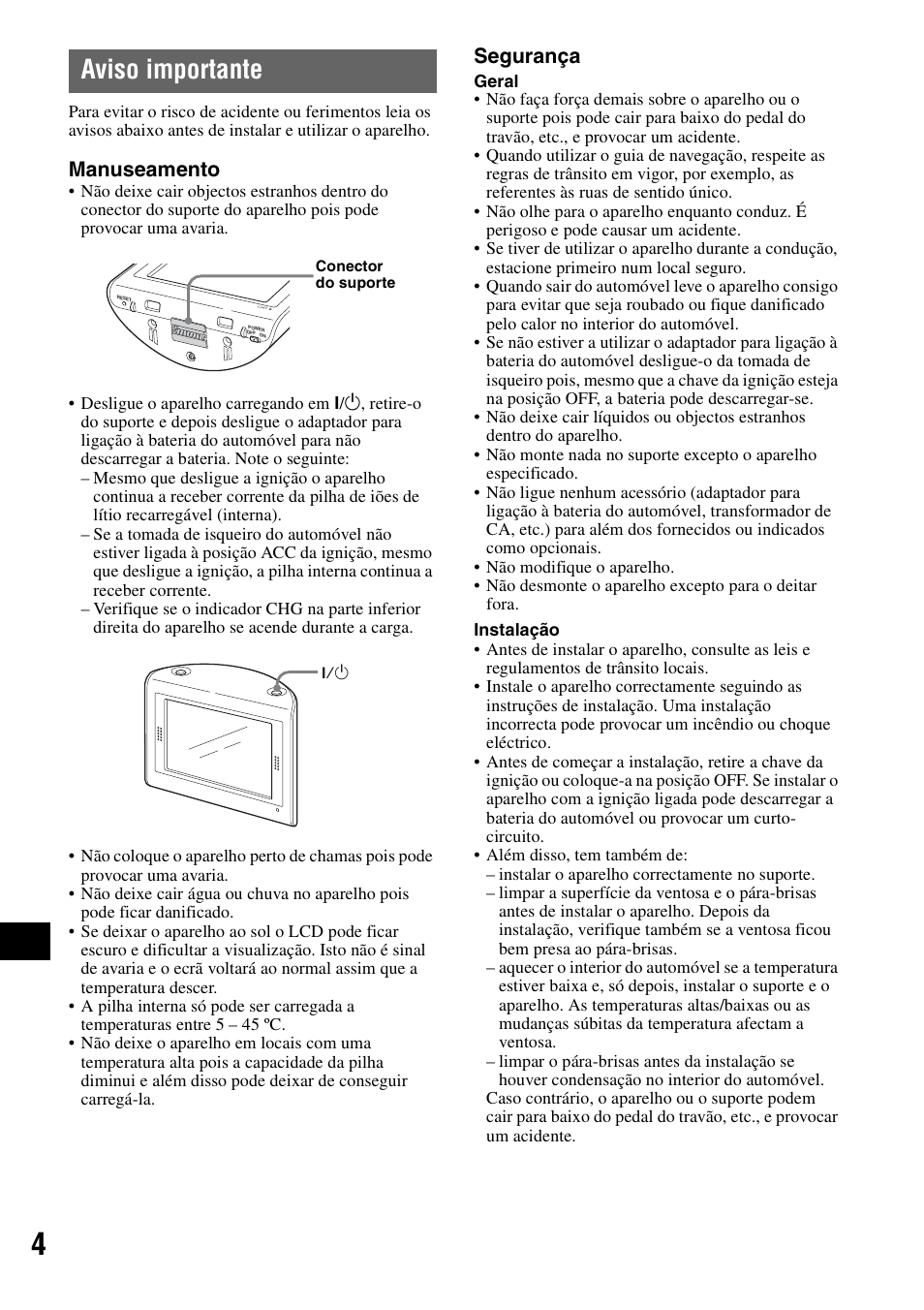 Aviso importante, Manuseamento, Segurança | Sony NV-U70T User Manual | Page 150 / 216