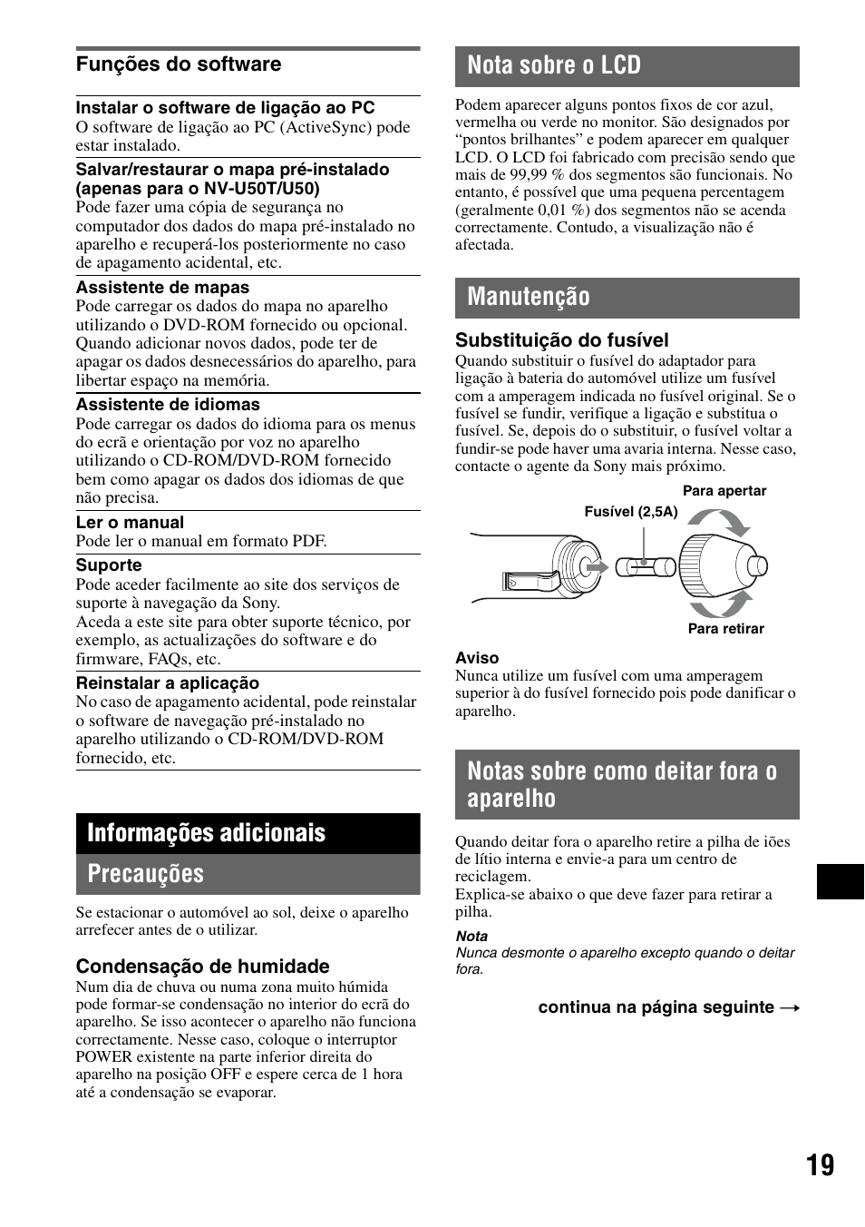 Funções do software, Informações adicionais, Precauções | Nota sobre o lcd, Manutenção, Notas sobre como deitar fora o aparelho, Informações adicionais precauções | Sony NV-U70T User Manual | Page 165 / 216