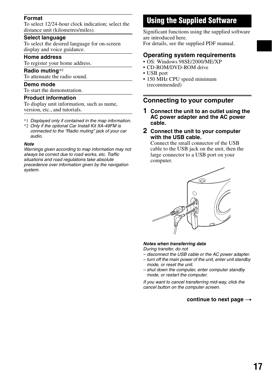 Using the supplied software, Connecting to your computer | Sony NV-U70T User Manual | Page 17 / 216