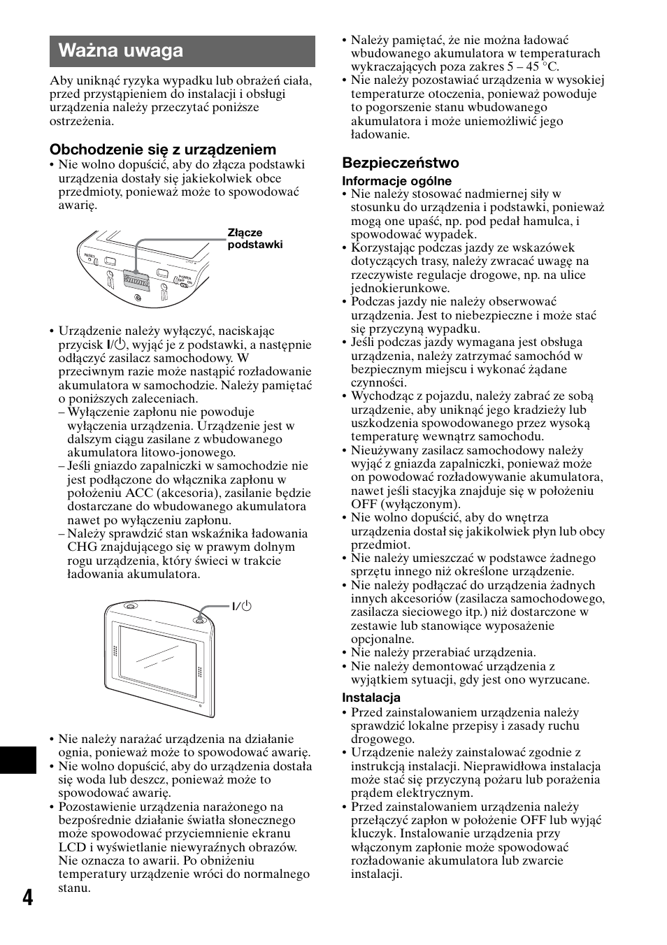 Ważna uwaga, Obchodzenie się z urządzeniem, Bezpieczeństwo | Sony NV-U70T User Manual | Page 170 / 216