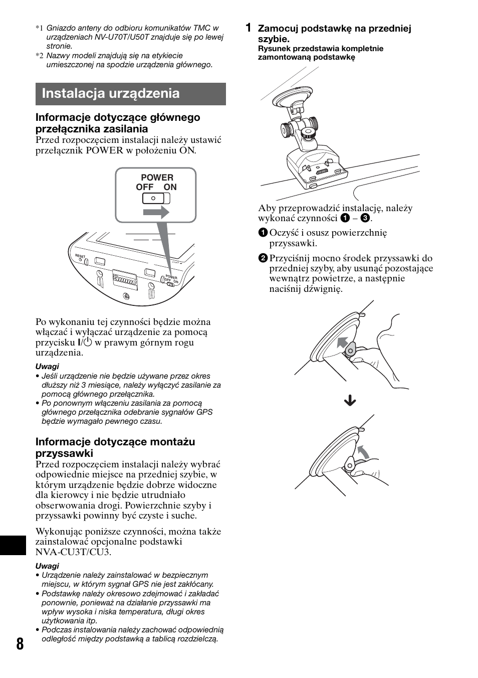 Instalacja urządzenia, Informacje dotyczące montażu przyssawki | Sony NV-U70T User Manual | Page 174 / 216