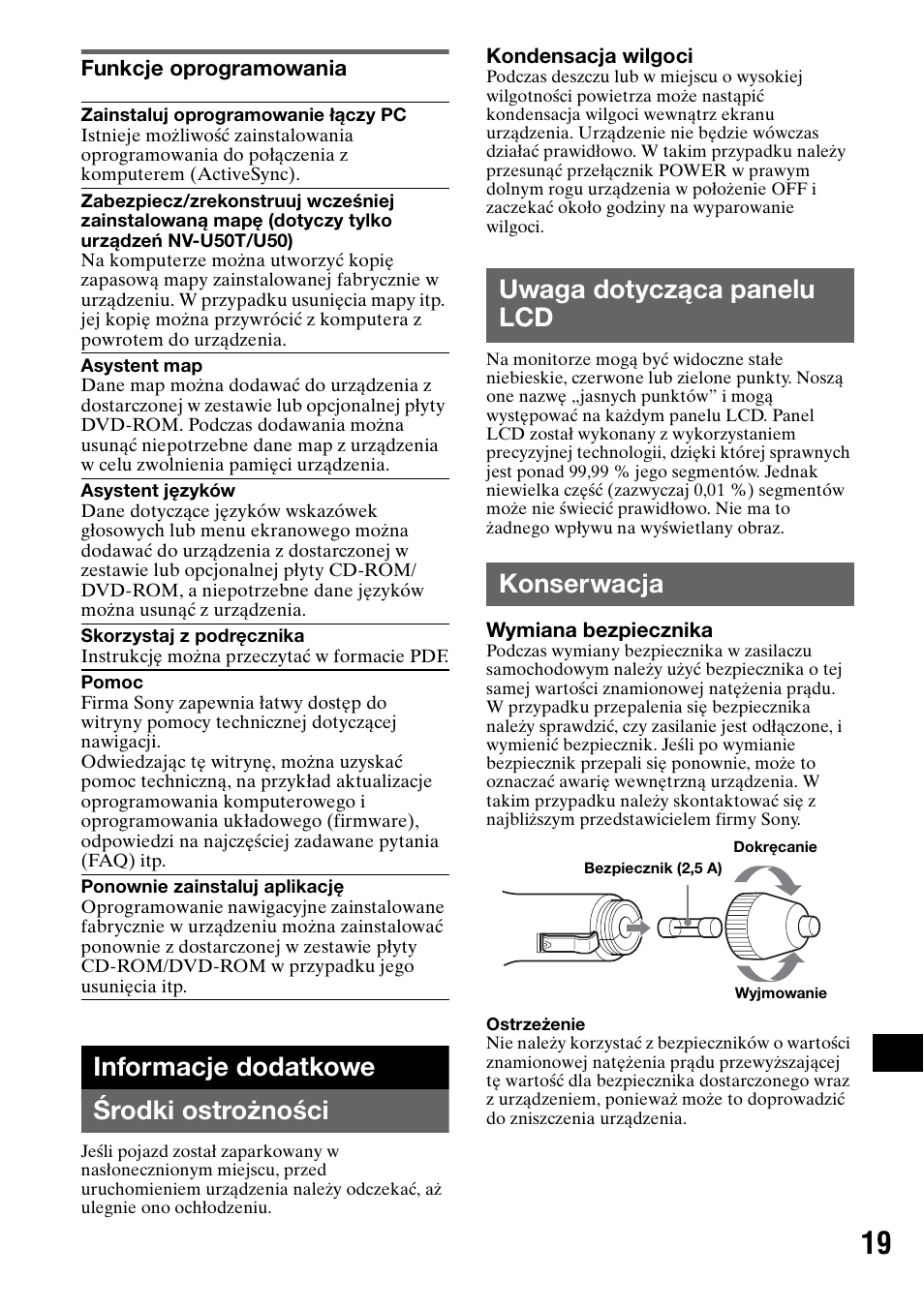 Funkcje oprogramowania, Informacje dodatkowe, Środki ostrożności | Uwaga dotycząca panelu lcd, Konserwacja, Informacje dodatkowe środki ostrożności | Sony NV-U70T User Manual | Page 185 / 216