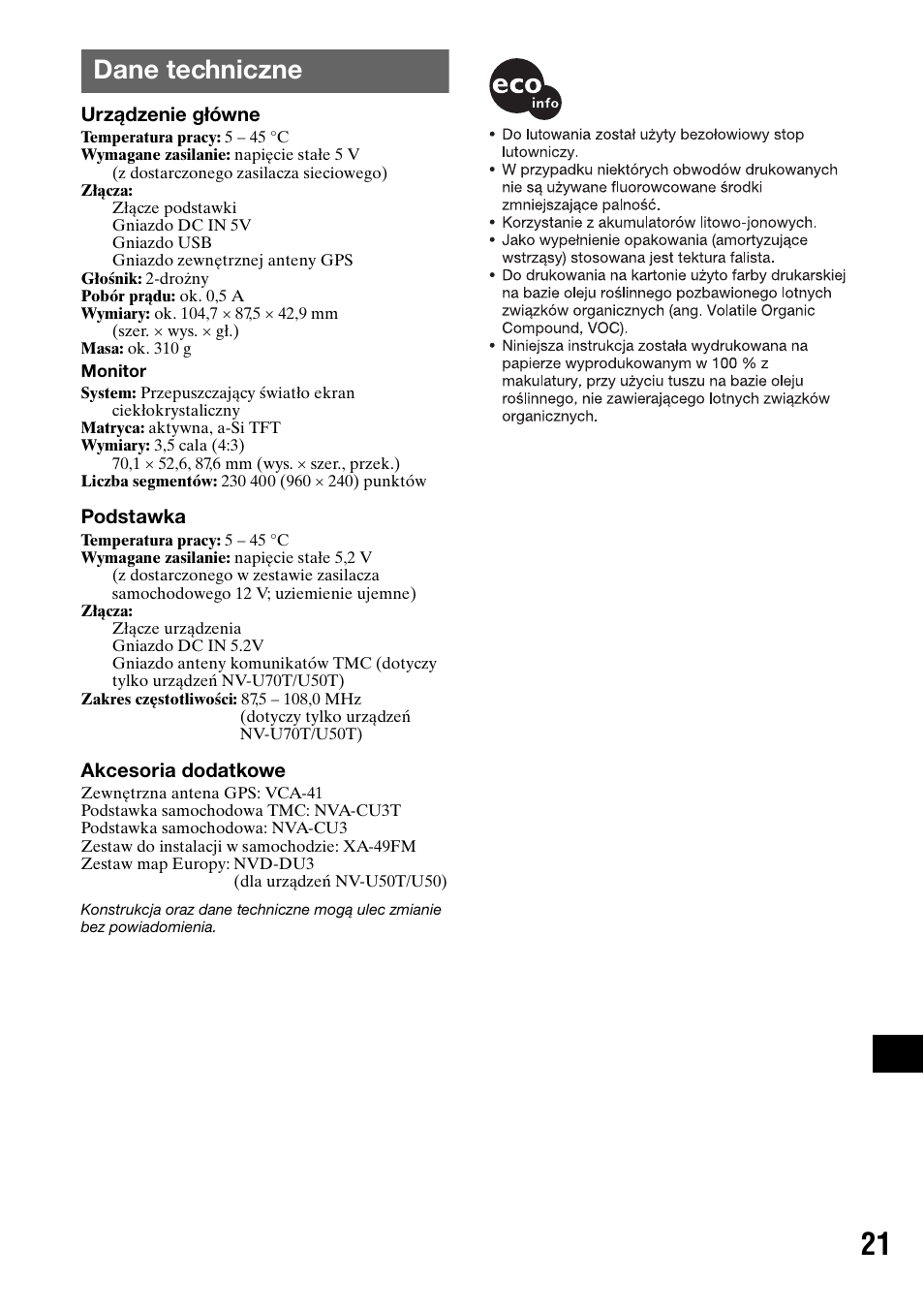 Dane techniczne | Sony NV-U70T User Manual | Page 187 / 216