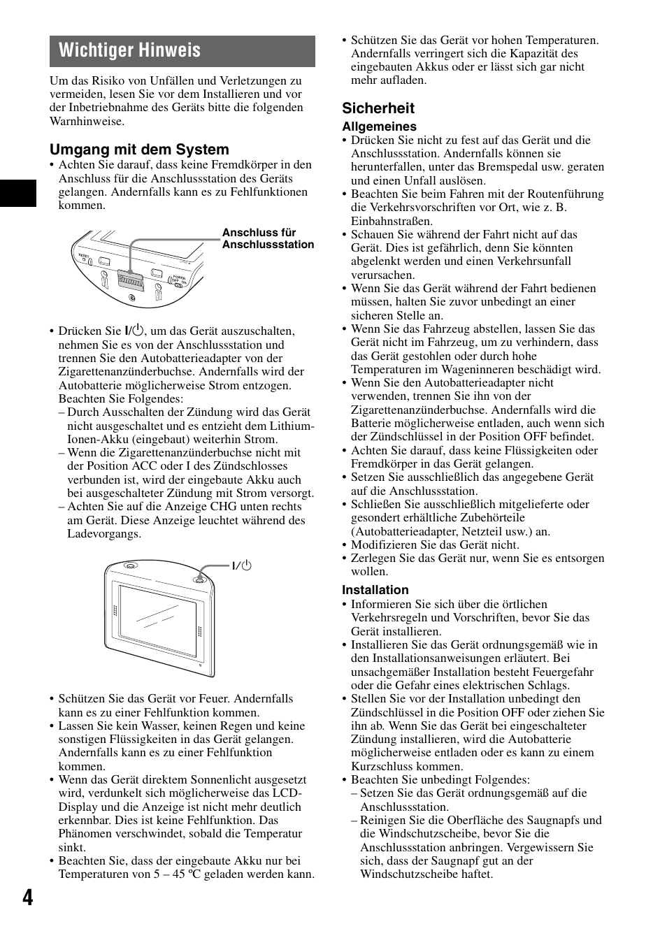 Wichtiger hinweis, Umgang mit dem system, Sicherheit | Sony NV-U70T User Manual | Page 24 / 216