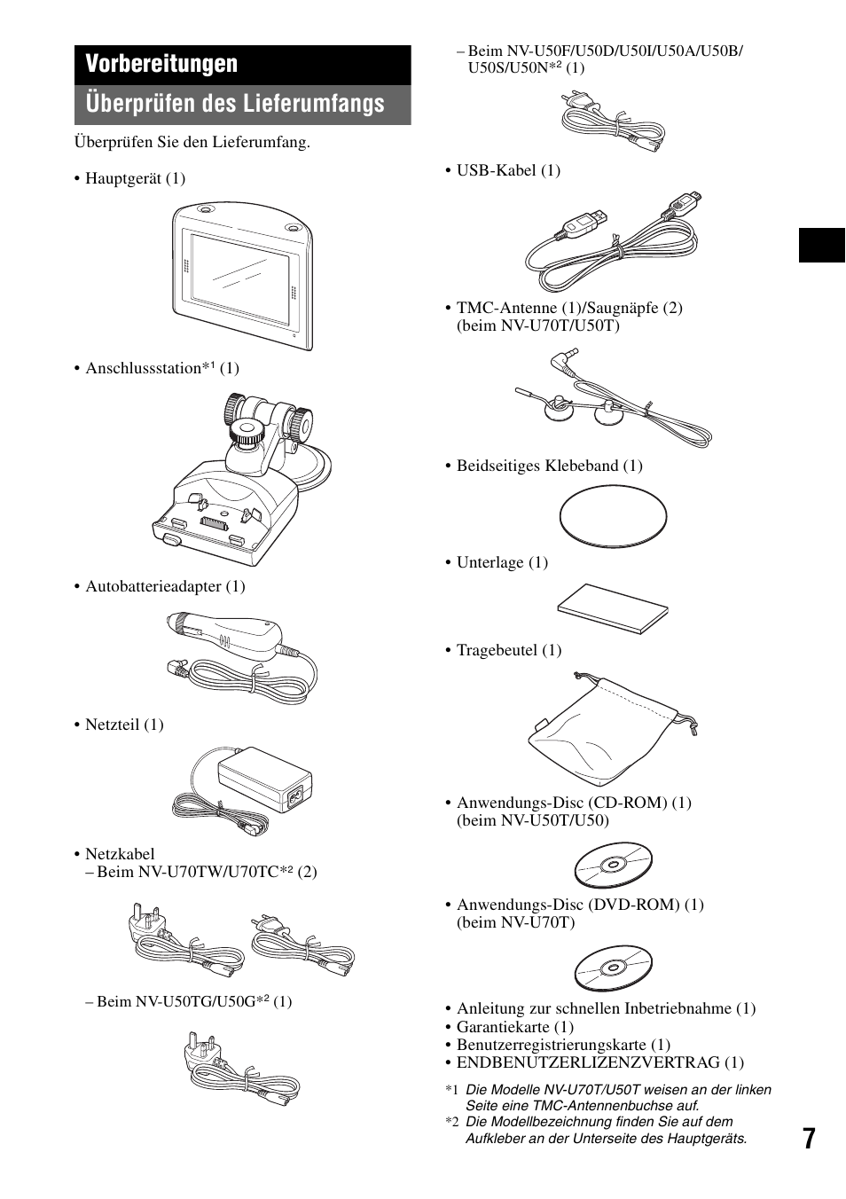 Vorbereitungen, Überprüfen des lieferumfangs, Vorbereitungen überprüfen des lieferumfangs | Sony NV-U70T User Manual | Page 27 / 216