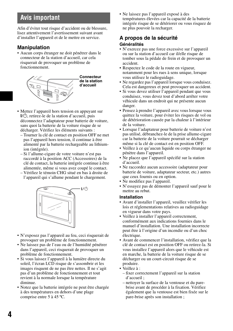 Avis important, Manipulation, A propos de la sécurité | Sony NV-U70T User Manual | Page 46 / 216