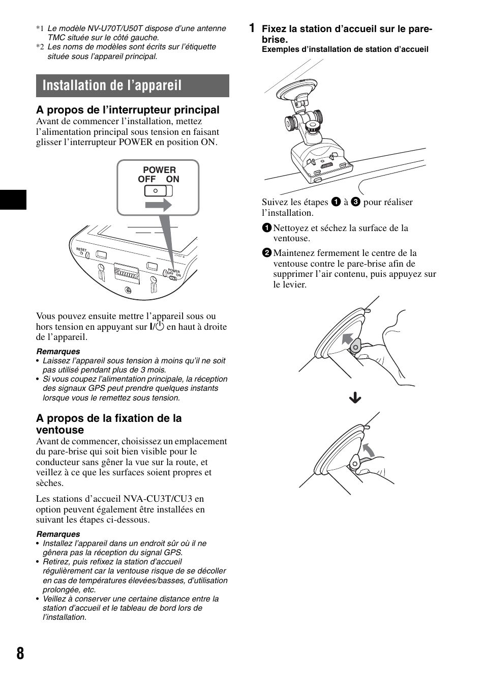 Installation de l’appareil, A propos de l’interrupteur principal, A propos de la fixation de la ventouse | Sony NV-U70T User Manual | Page 50 / 216