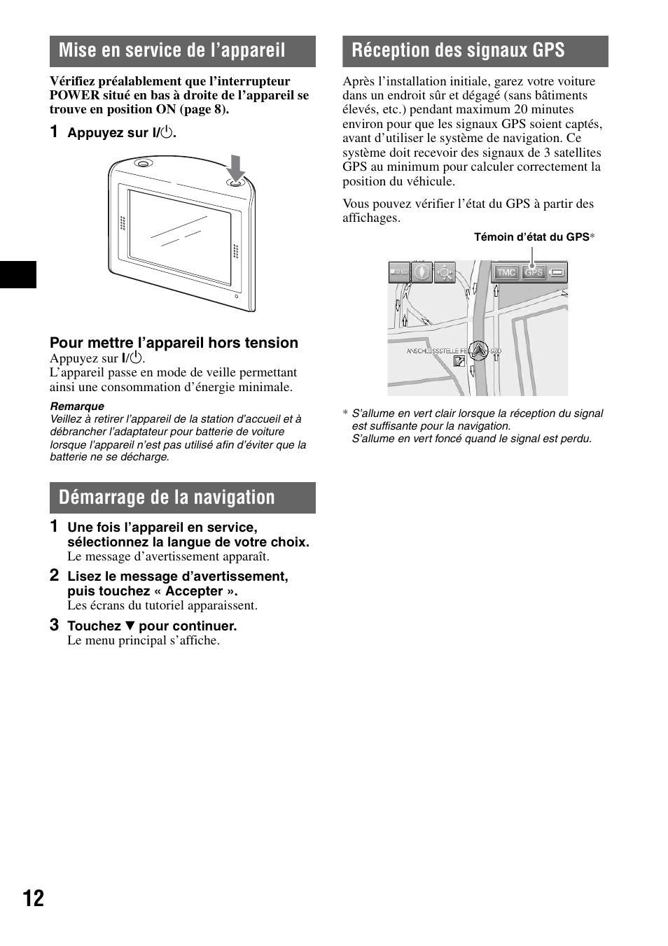 Mise en service de l’appareil, Démarrage de la navigation, Réception des signaux gps | Sony NV-U70T User Manual | Page 54 / 216