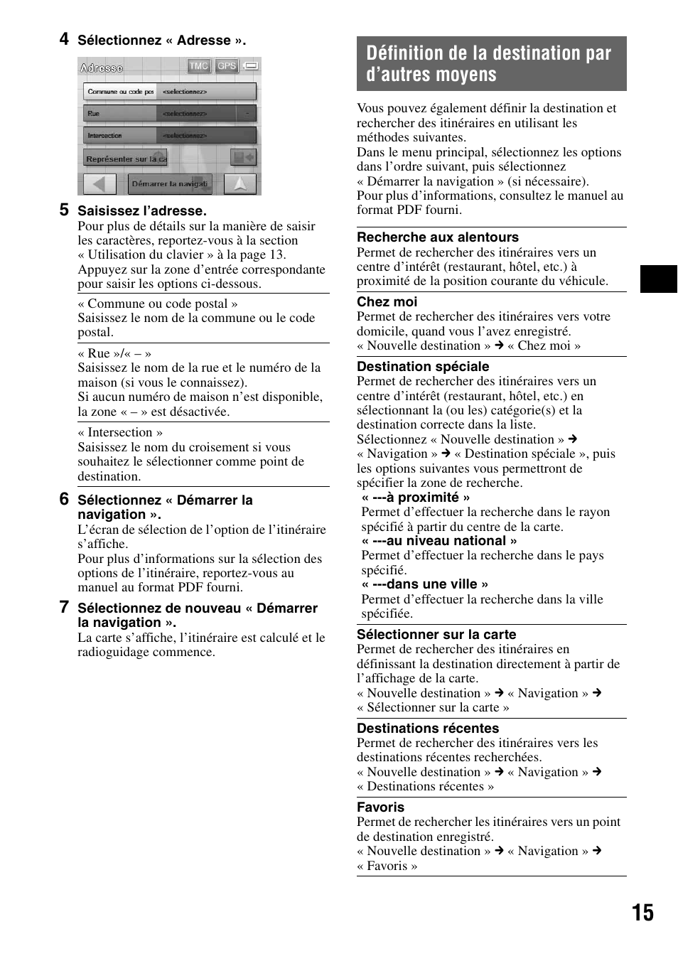 Définition de la destination par d’autres moyens, Définition de la destination par, D’autres moyens | Sony NV-U70T User Manual | Page 57 / 216