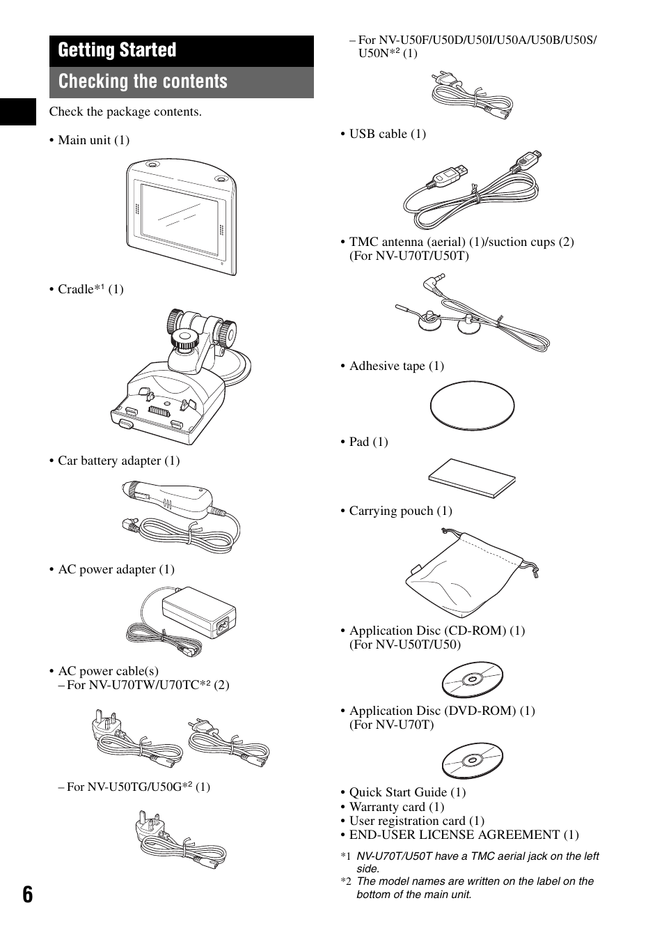 Getting started, Checking the contents, Getting started checking the contents | Sony NV-U70T User Manual | Page 6 / 216