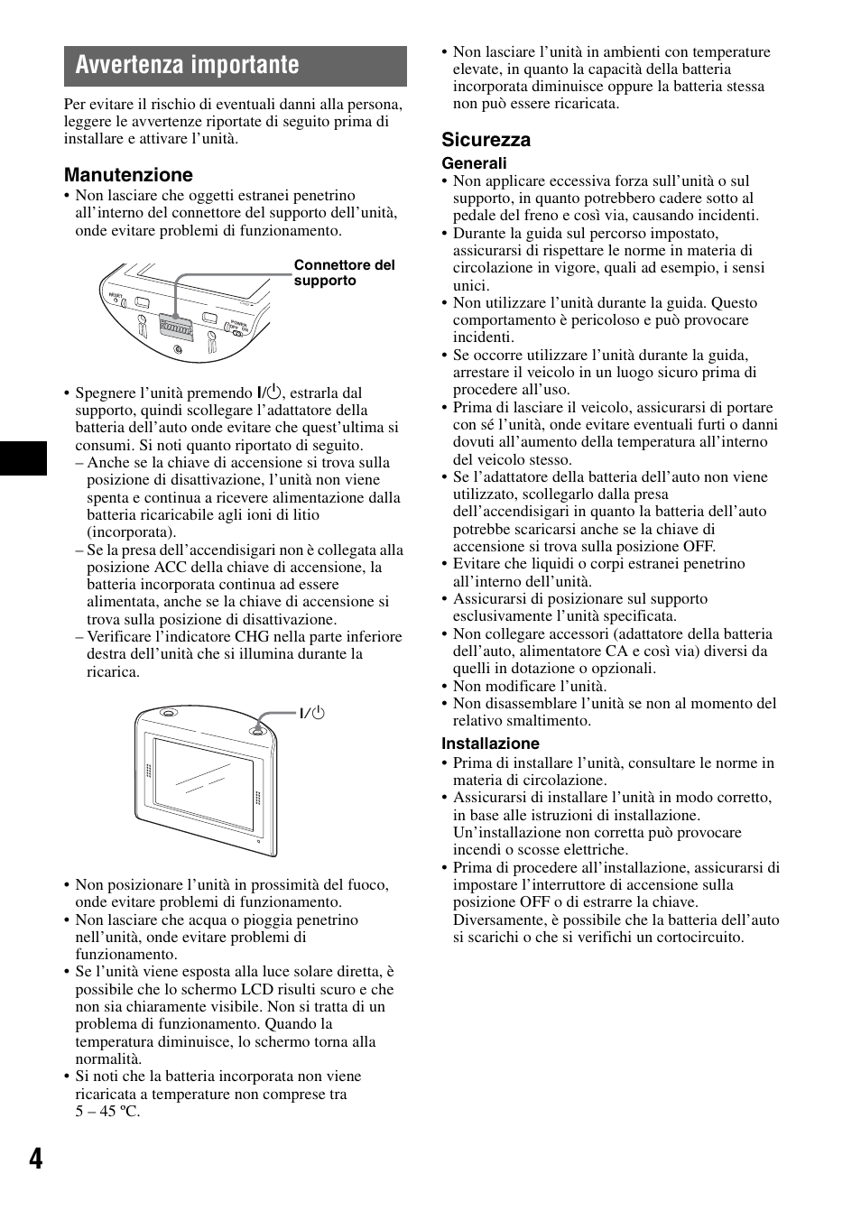 Avvertenza importante, Manutenzione, Sicurezza | Sony NV-U70T User Manual | Page 66 / 216