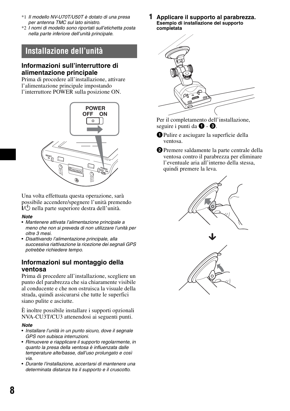 Installazione dell’unità, Informazioni sul montaggio della ventosa | Sony NV-U70T User Manual | Page 70 / 216