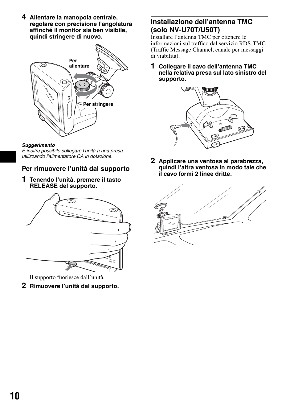 Installazione dell’antenna tmc (solo nv-u70t/u50t) | Sony NV-U70T User Manual | Page 72 / 216