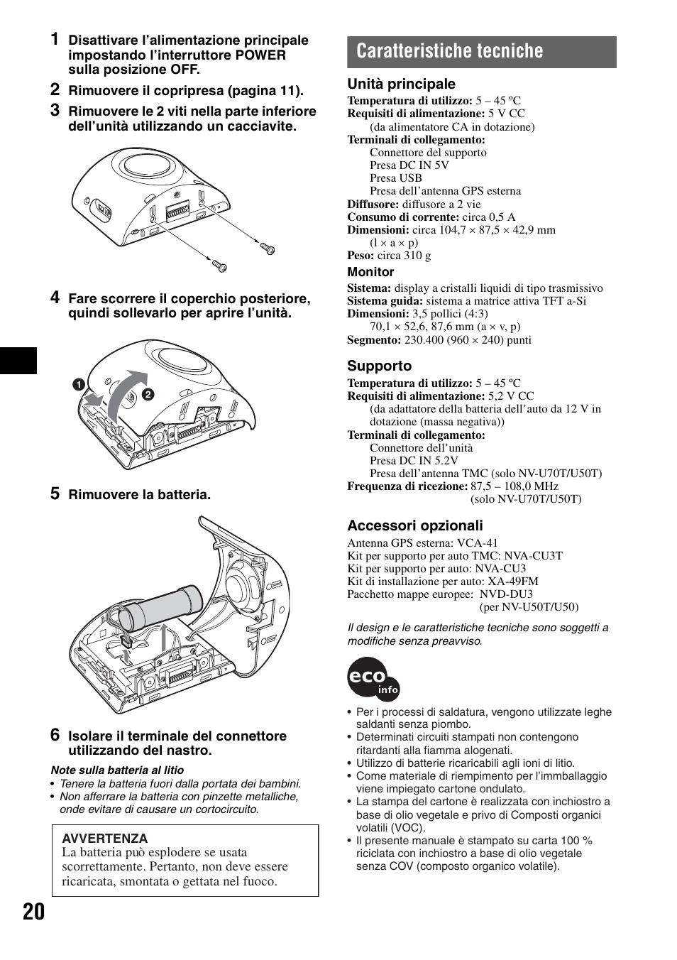 Caratteristiche tecniche | Sony NV-U70T User Manual | Page 82 / 216