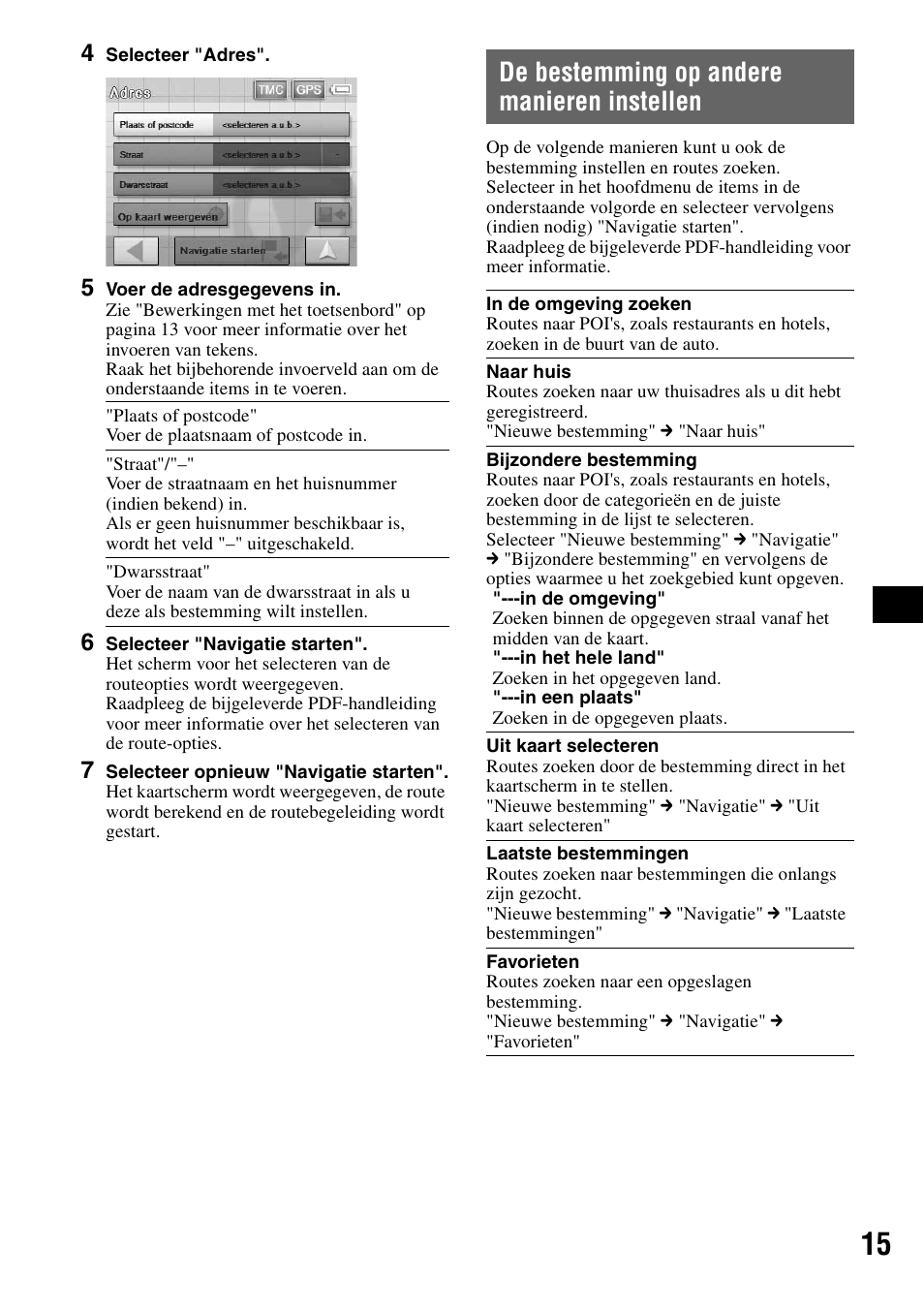 De bestemming op andere manieren instellen, De bestemming op andere manieren, Instellen | Sony NV-U70T User Manual | Page 97 / 216