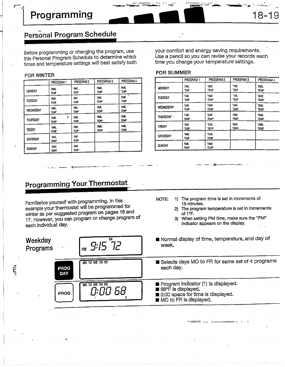 Personal program schedule, Pmaramming your thermostat, Weekday | Programs, Programming, Your, Pmaramming, Thermostat, Weekday programs, Q-/c | Hunter 28837 46 Pemberley User Manual | Page 10 / 20