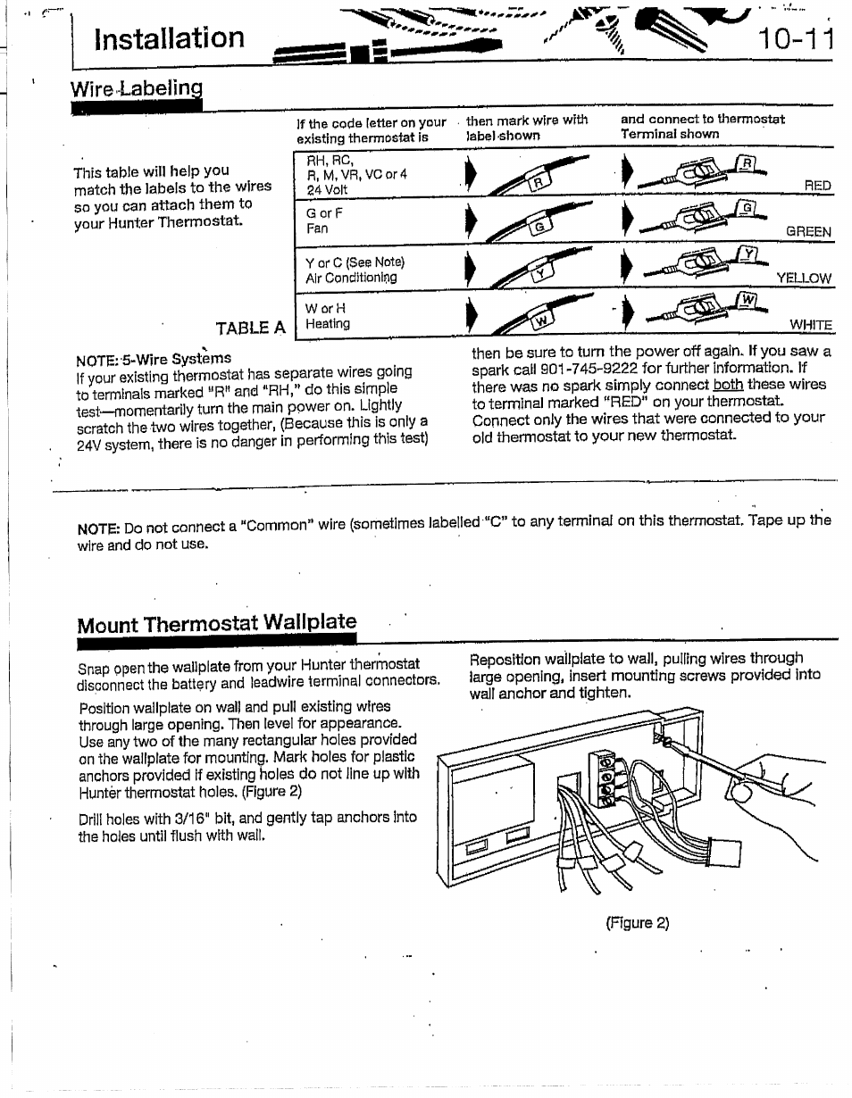 Wire labeiin, Mount thermostat wallplate, Installation | Hunter 28837 46 Pemberley User Manual | Page 6 / 20