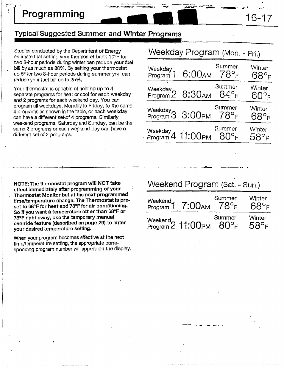 Typicatsuggested summer and winter programs, Weekday - ^ ^ ^ program 1 6, Msummer 78°p winter 68 | Weekday^ o-on program, Uam summer 84, 60°f weekday- _ program o o, Msummer 78, Winter 68, Weekday, . . program 4 i, Msummer 80 | Hunter 28837 46 Pemberley User Manual | Page 9 / 20