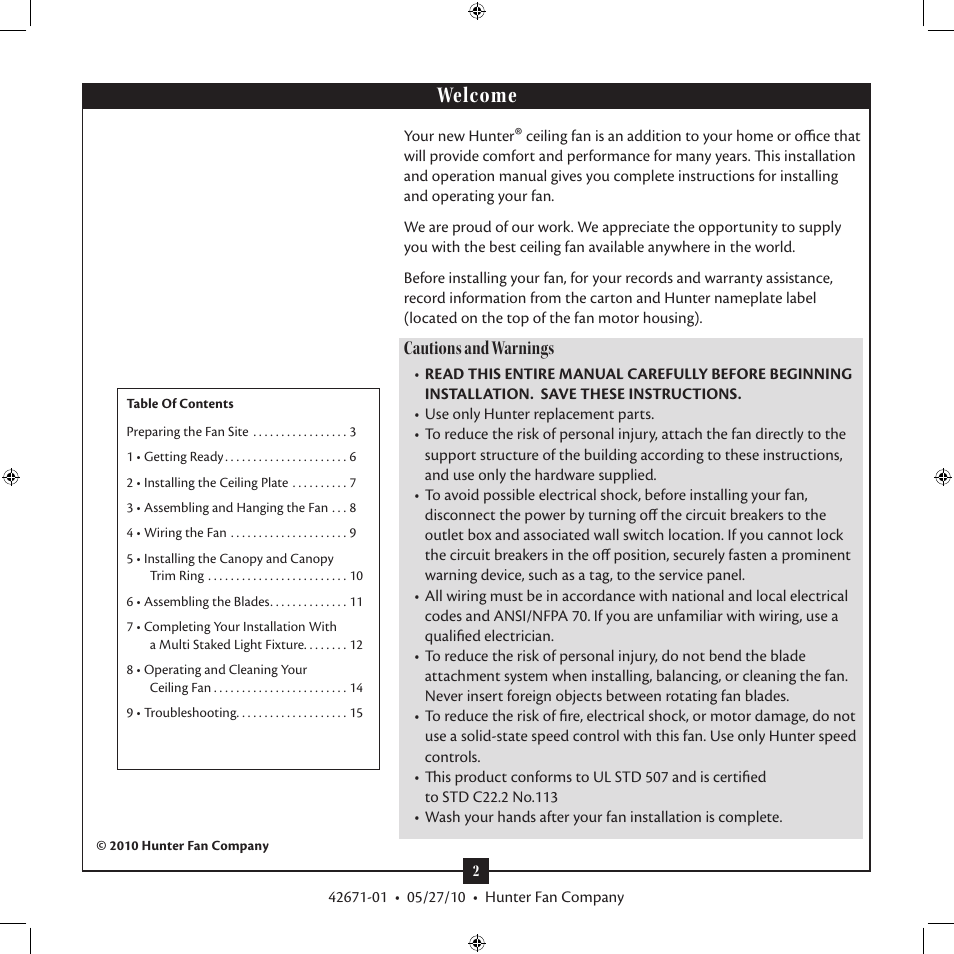 Welcome, Cautions and warnings | Hunter 21375 46 Stonington User Manual | Page 2 / 15