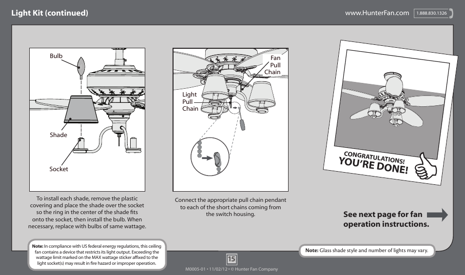 You’re done, Light kit (continued), See next page for fan operation instructions | Hunter 51026 44 Dreamland User Manual | Page 15 / 17