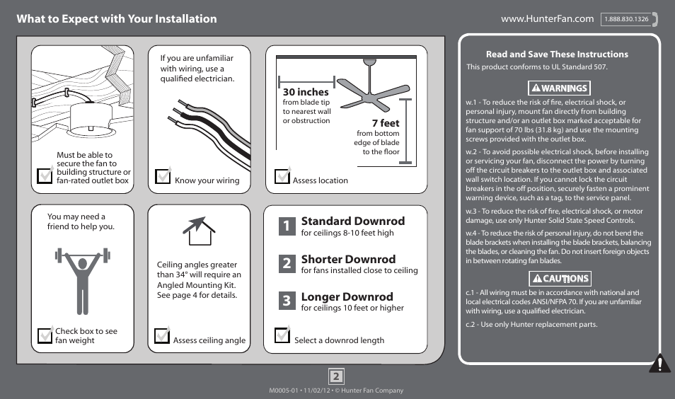 What to expect with your installation, Standard downrod, Shorter downrod | Longer downrod | Hunter 51026 44 Dreamland User Manual | Page 2 / 17