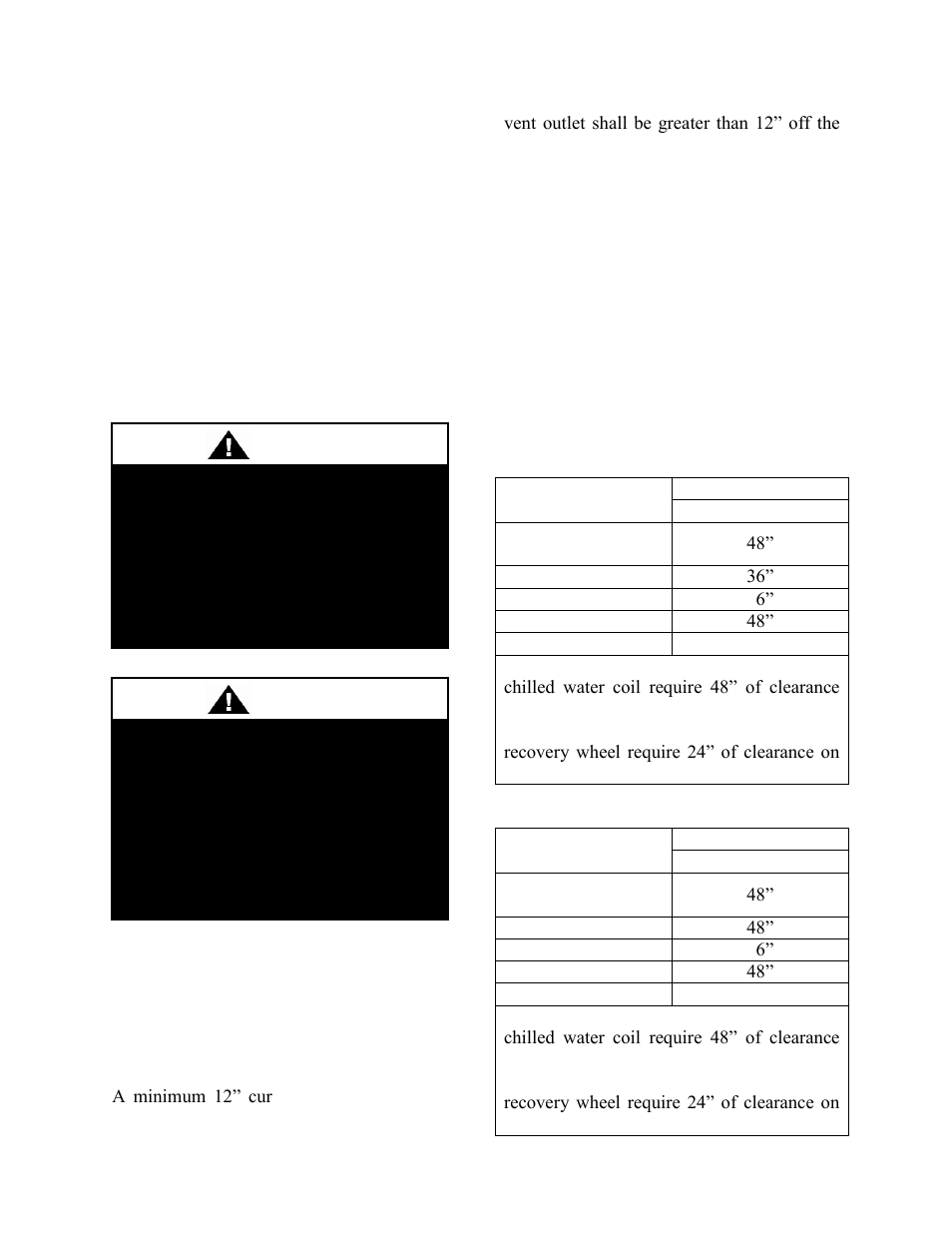 Installation, Locating units, Table 2 - a cabinet unit clearances | Table 3 - b cabinet unit clearances, Warning | AAON RN-140 User Manual | Page 30 / 116