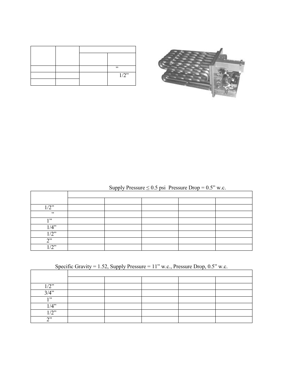 Table 13 - 55, 65 and 75-140 ton gas connections, Table 14 - natural gas (ft, Hr) maximum piping capacities | Figure 30 - rn series gas heat exchanger | AAON RN-140 User Manual | Page 53 / 116