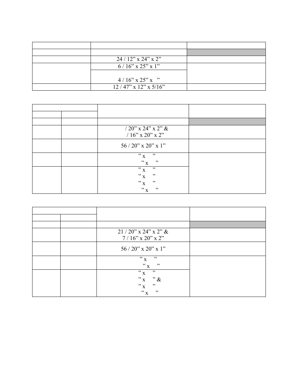 Table 33 - 50, 60, and 70 ton pre filters, Table 34 - 55, 65, and 75 ton pre filters, Table 35 - 90-140 ton pre filters | AAON RN-140 User Manual | Page 95 / 116