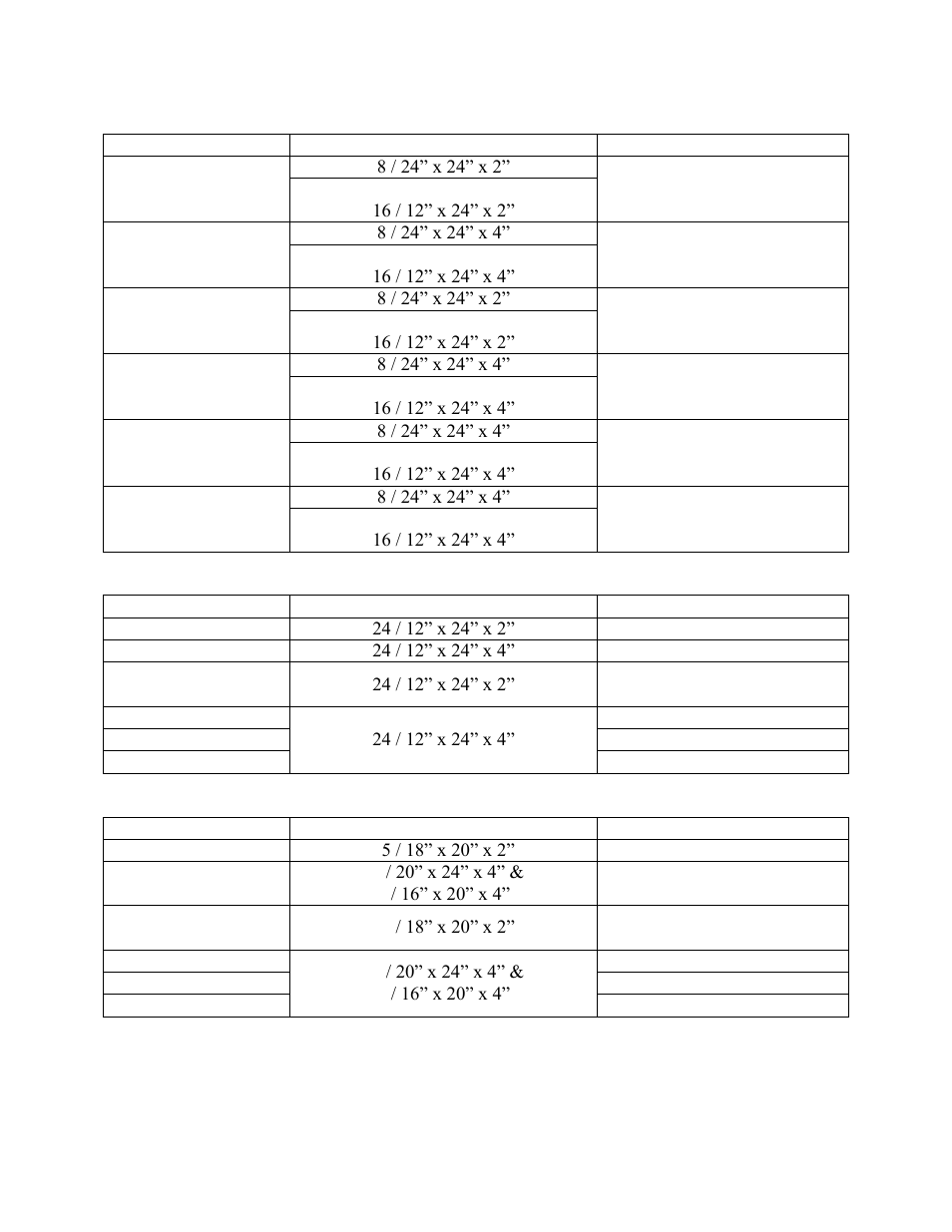 Table 40 - 26, 31, and 40 ton unit filters, Table 41 - 50, 60, and 70 ton unit filters, Table 42 - 55, 65, and 75 ton unit filters | AAON RN-140 User Manual | Page 98 / 116