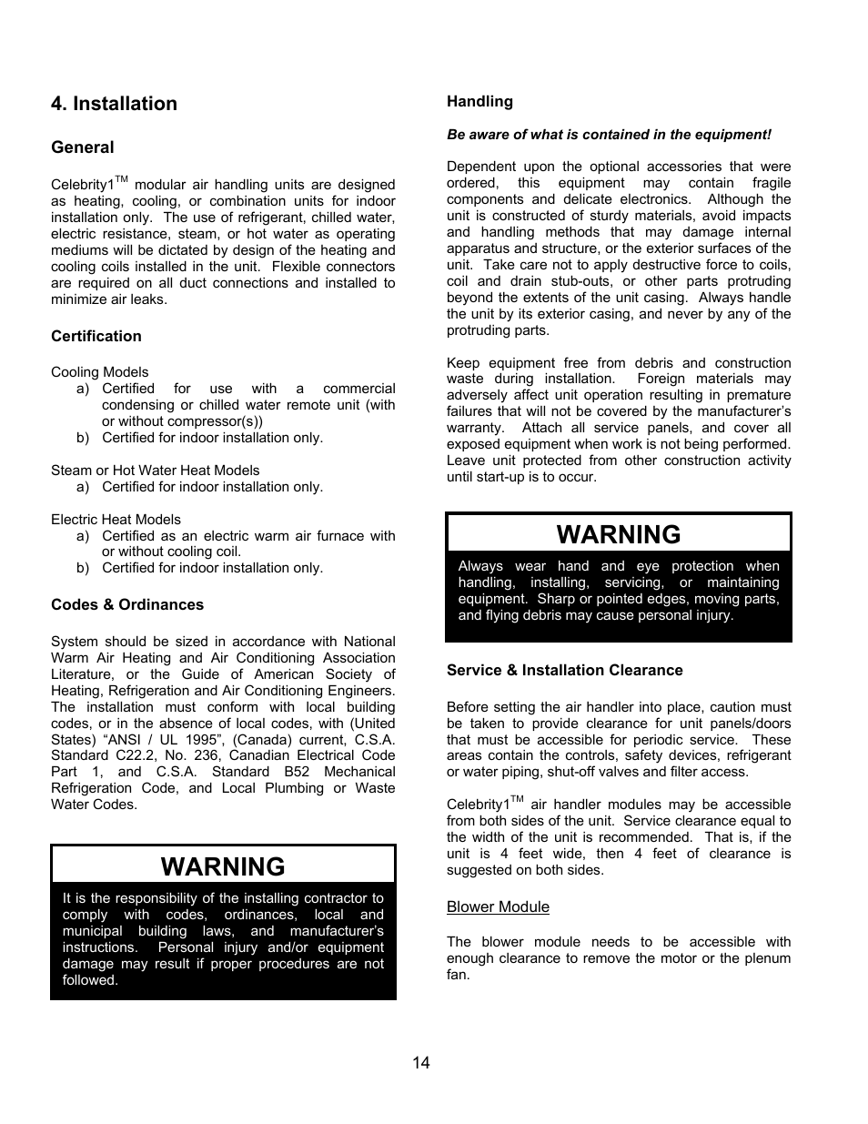 Warning, Installation | AAON M1-011 User Manual | Page 14 / 44