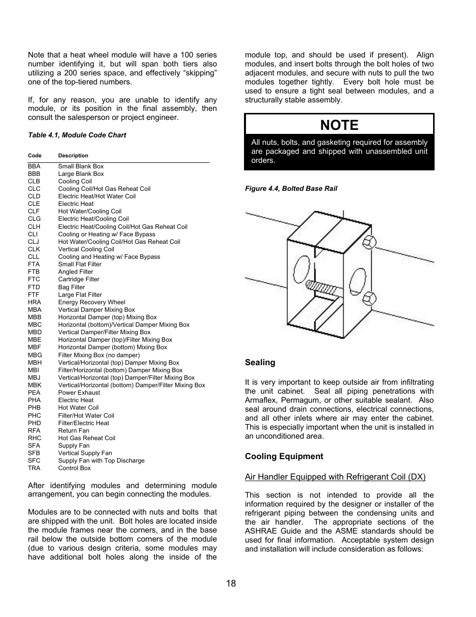 Sealing, Cooling equipment, Air handler equipped with refrigerant coil (dx) | AAON M1-011 User Manual | Page 18 / 44