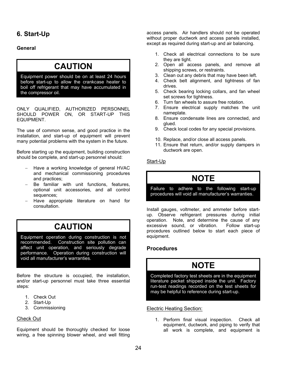 Caution, Start-up | AAON M1-011 User Manual | Page 24 / 44