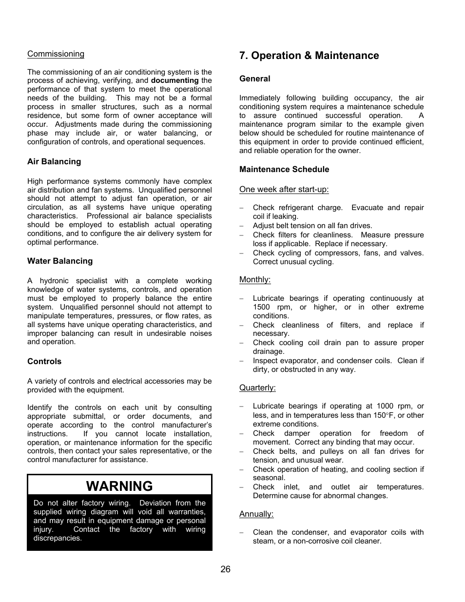 Warning, Operation & maintenance | AAON M1-011 User Manual | Page 26 / 44