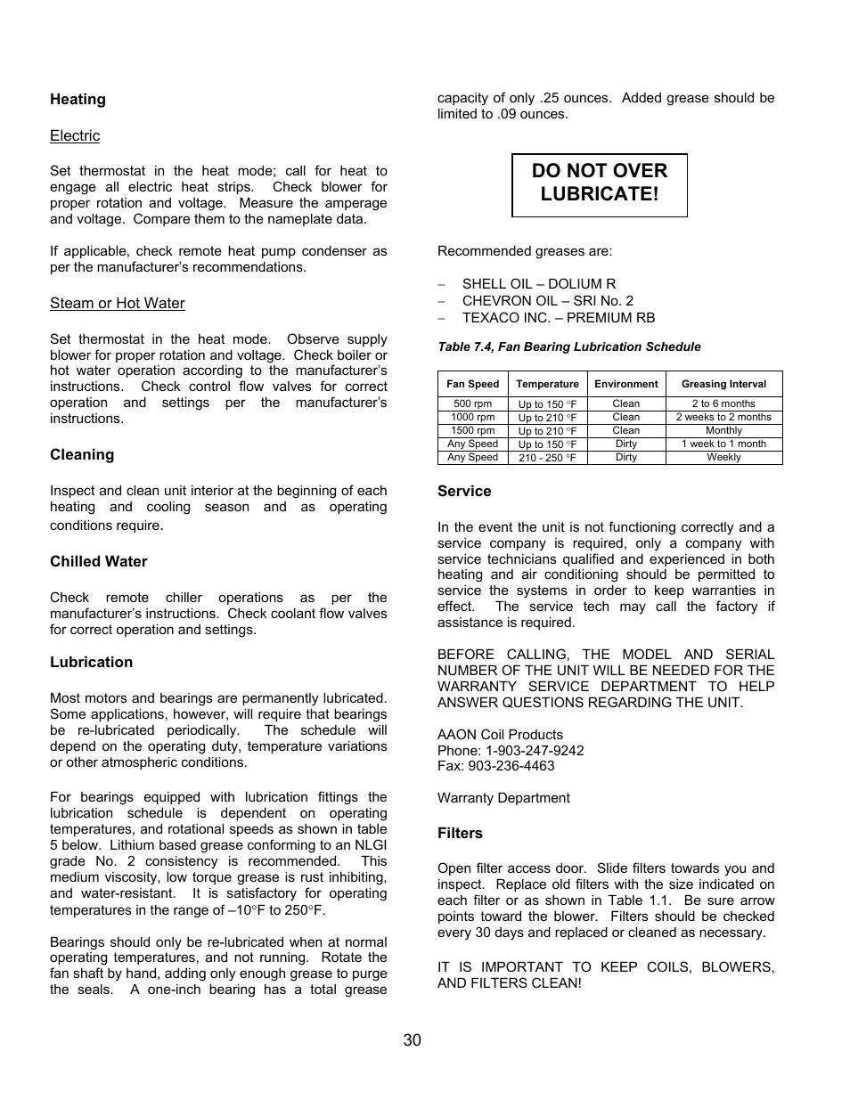 Do not over lubricate | AAON M1-011 User Manual | Page 30 / 44