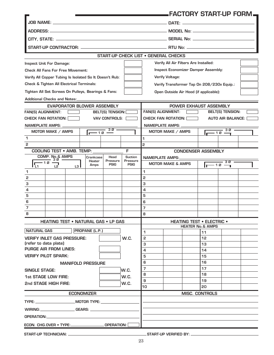 Aaon , inc, Factory start-up form | AAON RK-60 User Manual | Page 23 / 24