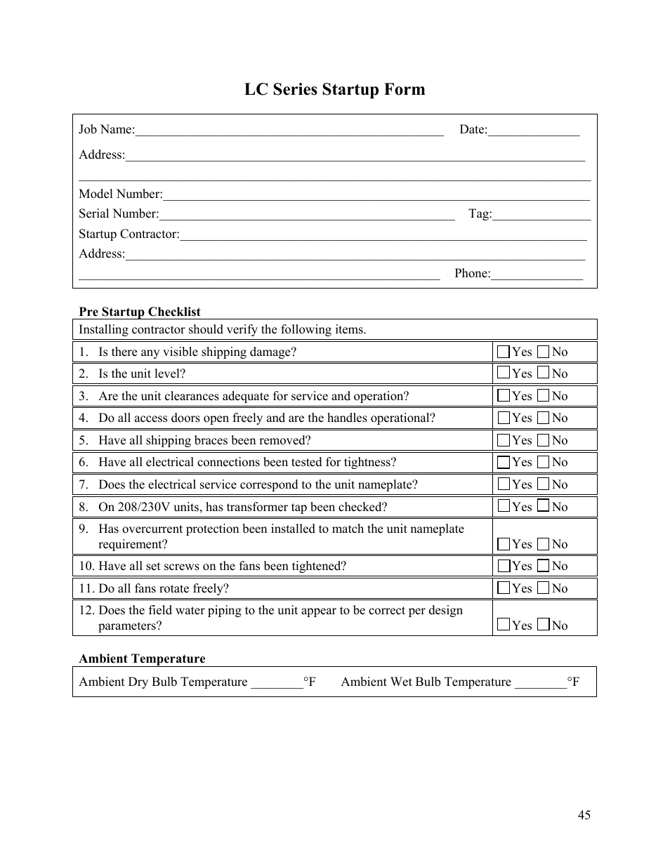 Lc series startup form | AAON LC-054 User Manual | Page 45 / 52