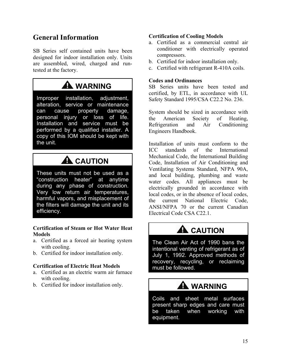 General information, Codes and ordinances, Warning | Caution | AAON SB-018 User Manual | Page 15 / 48