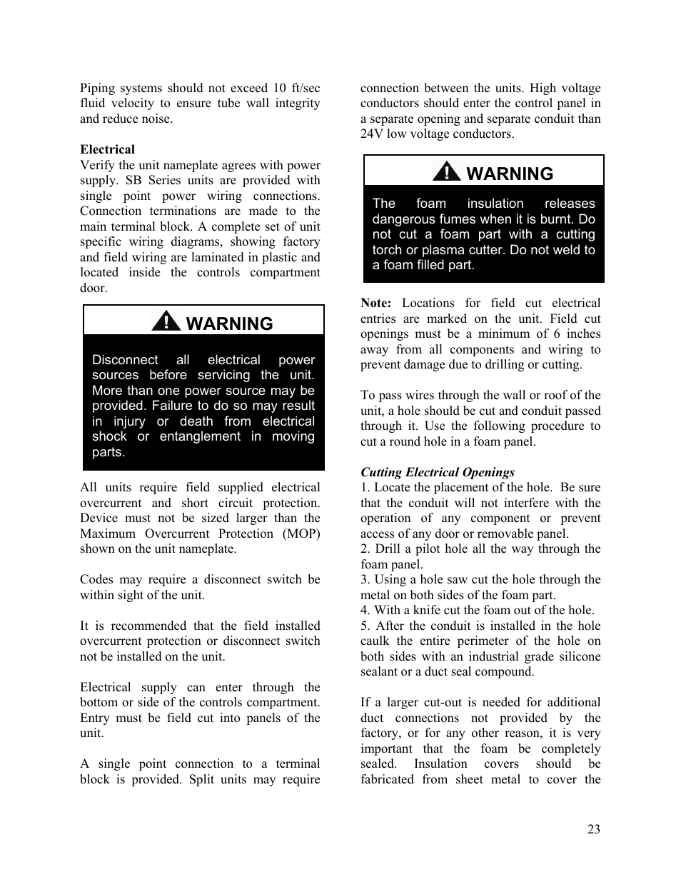 Electrical, Cutting electrical openings, Warning | AAON SB-018 User Manual | Page 23 / 48