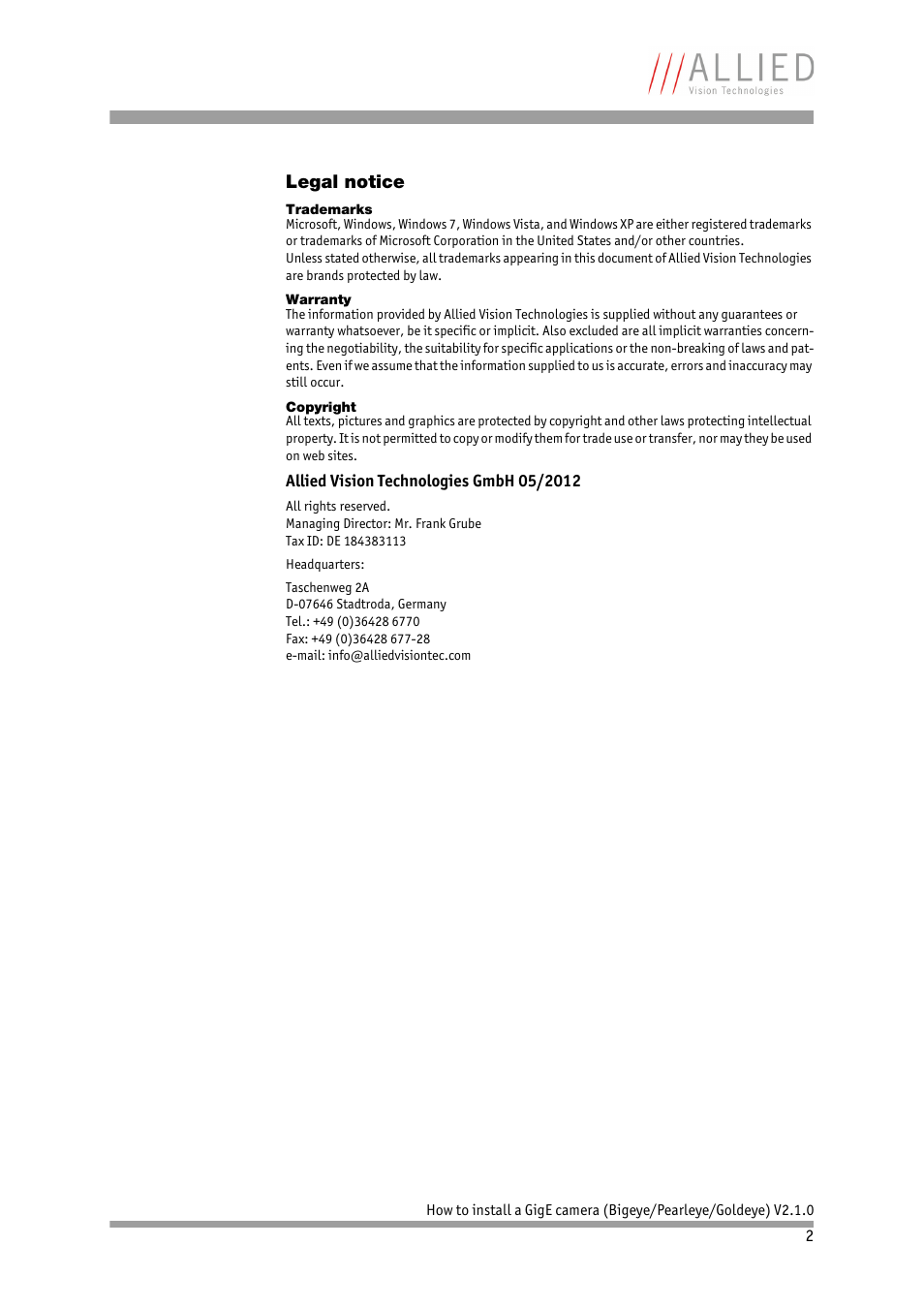 Legal notice | ALLIED Vision Technologies Goldeye P-032 SWIR User Manual | Page 2 / 50