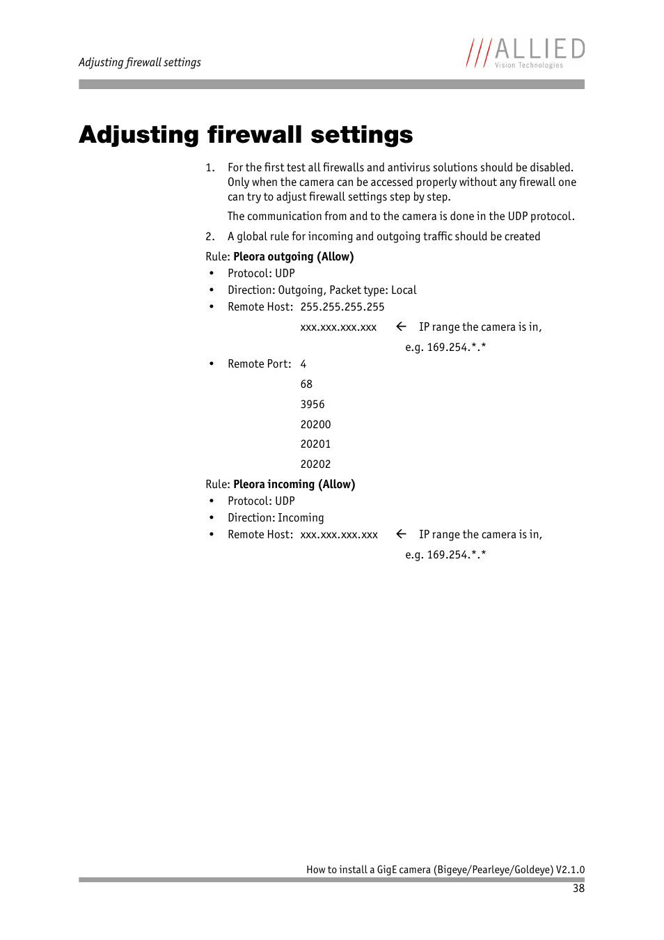 Adjusting firewall settings, Chapter, Ep: see chapter | Adjusting, Firewall settings | ALLIED Vision Technologies Goldeye P-032 SWIR User Manual | Page 38 / 50