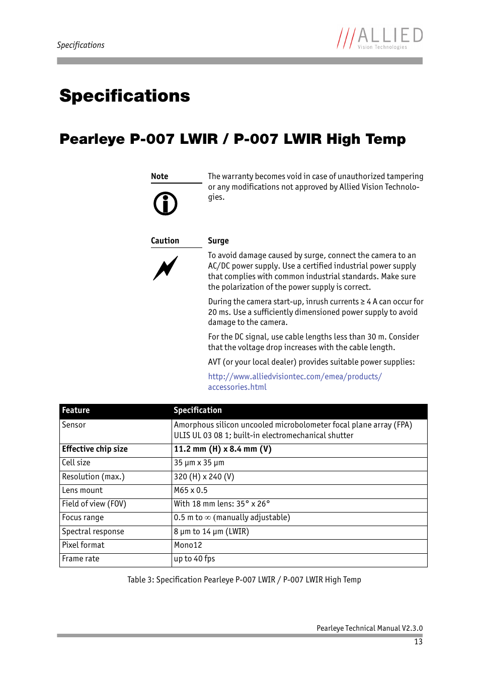 Specifications, Pearleye p-007 lwir / p-007 lwir high temp, Ons chapter | Nge in chapter, Pearleye p-007 lwir / p-007, Lwir high temp, Chapter, In chapter, Pearleye p, 007 lwir / p-007 lwir high temp | ALLIED Vision Technologies Pearleye P-030 LWIR User Manual | Page 13 / 84