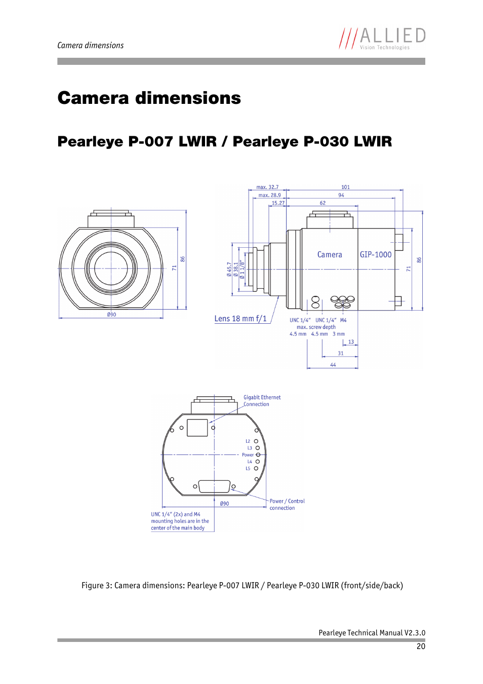 Camera dimensions, Pearleye p-007 lwir / pearleye p-030 lwir, Chapter | ALLIED Vision Technologies Pearleye P-030 LWIR User Manual | Page 20 / 84