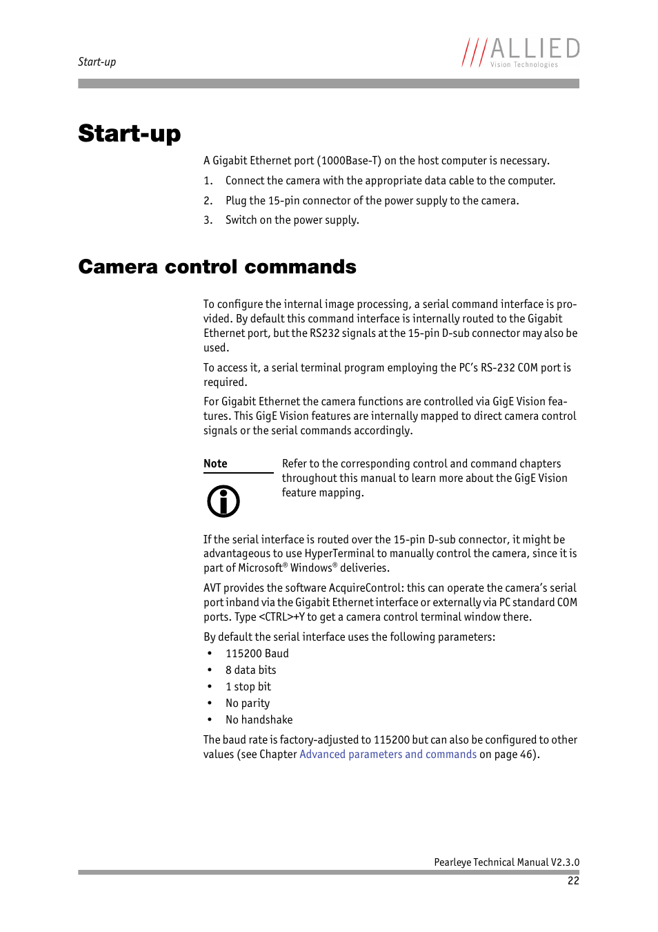 Start-up, Camera control commands, Chapter | ALLIED Vision Technologies Pearleye P-030 LWIR User Manual | Page 22 / 84