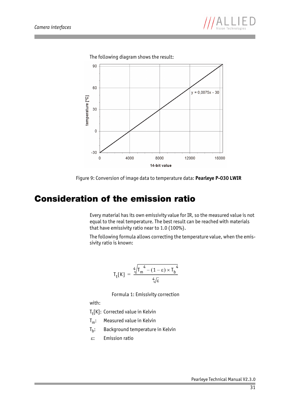 Consideration of the emission ratio, Formula 1: emissivity correction | ALLIED Vision Technologies Pearleye P-030 LWIR User Manual | Page 31 / 84