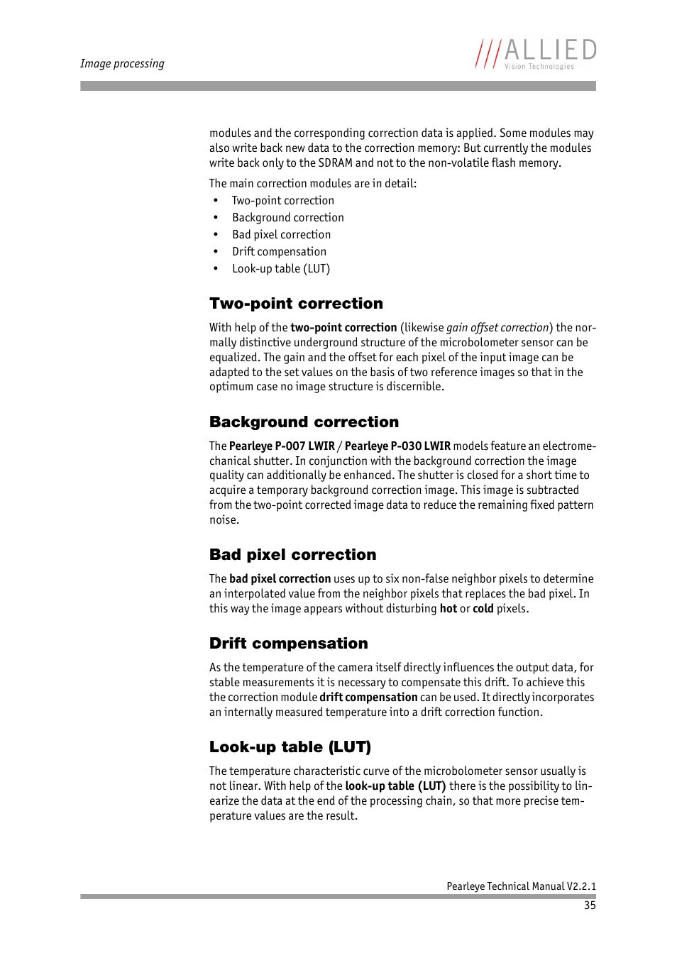 Two-point correction, Background correction, Bad pixel correction | Drift compensation, Look-up table (lut) | ALLIED Vision Technologies Pearleye P-030 LWIR User Manual | Page 35 / 84