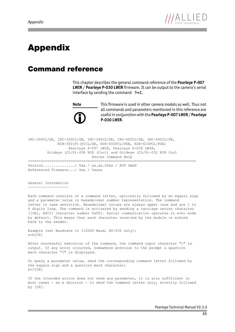 Appendix, Command reference, He appendix: chapter | See chapter | ALLIED Vision Technologies Pearleye P-030 LWIR User Manual | Page 65 / 84