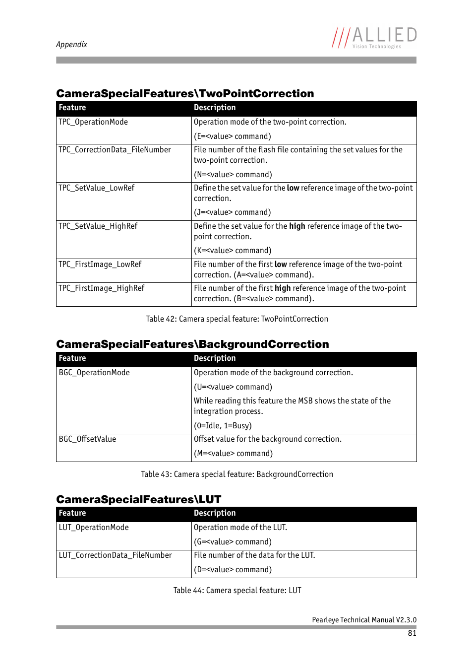 Cameraspecialfeatures\twopointcorrection, Cameraspecialfeatures\backgroundcorrection, Cameraspecialfeatures\lut | ALLIED Vision Technologies Pearleye P-030 LWIR User Manual | Page 81 / 84