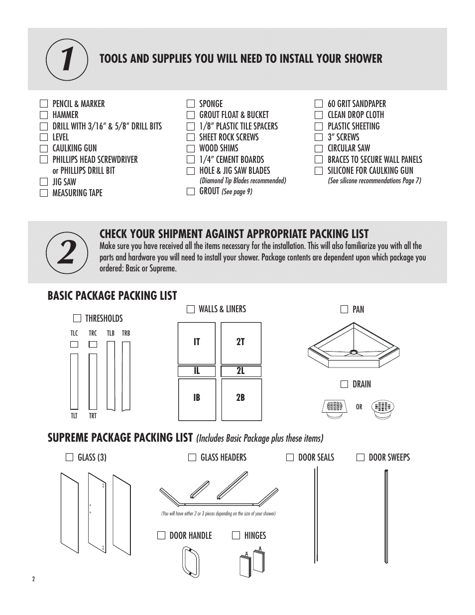 Basic package packing list, Supreme package packing list | American Bath Factory Neo Supreme Carolina Shower User Manual | Page 2 / 10