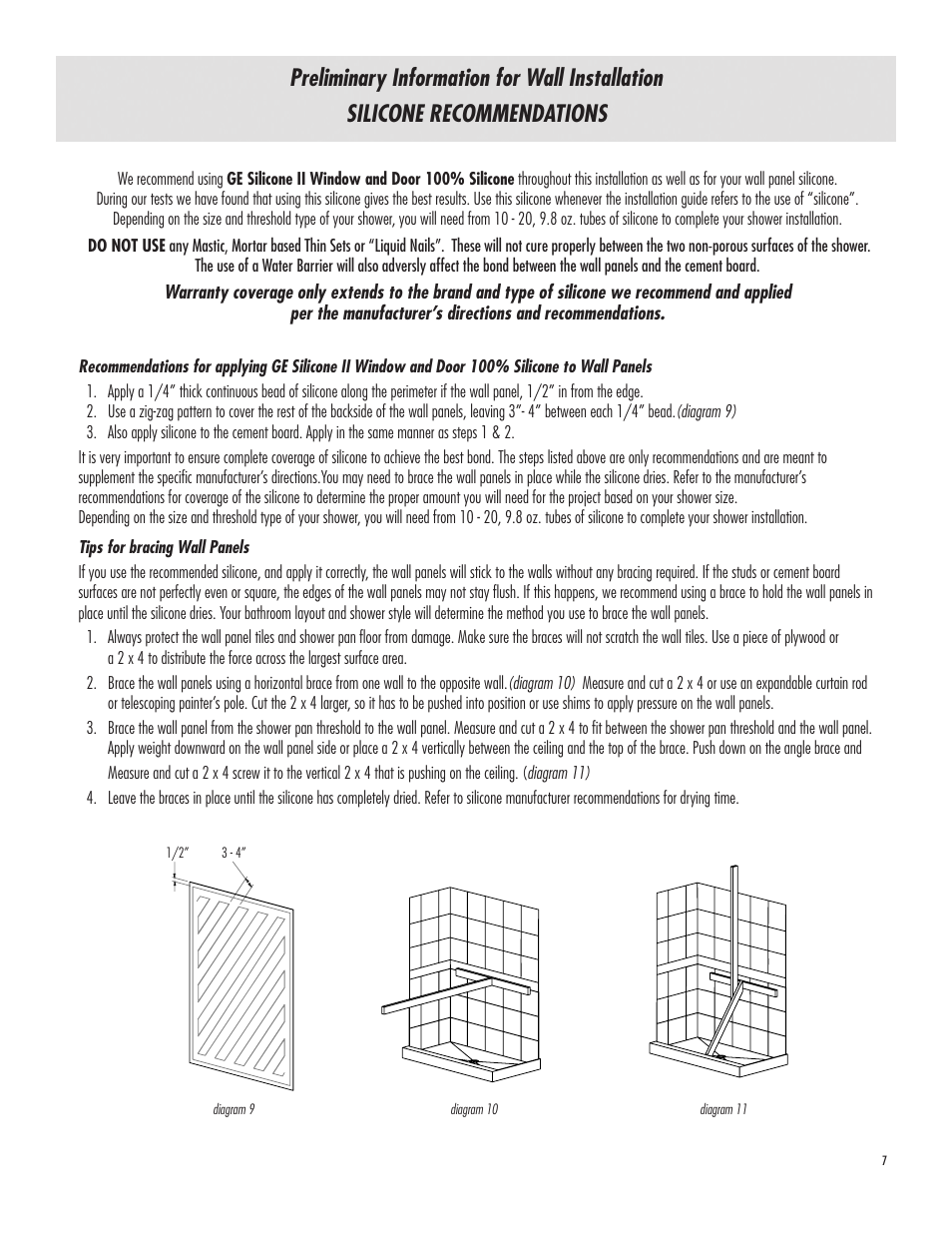 Silicone recommendations, Preliminary information for wall installation | American Bath Factory Neo Supreme Carolina Shower User Manual | Page 7 / 10