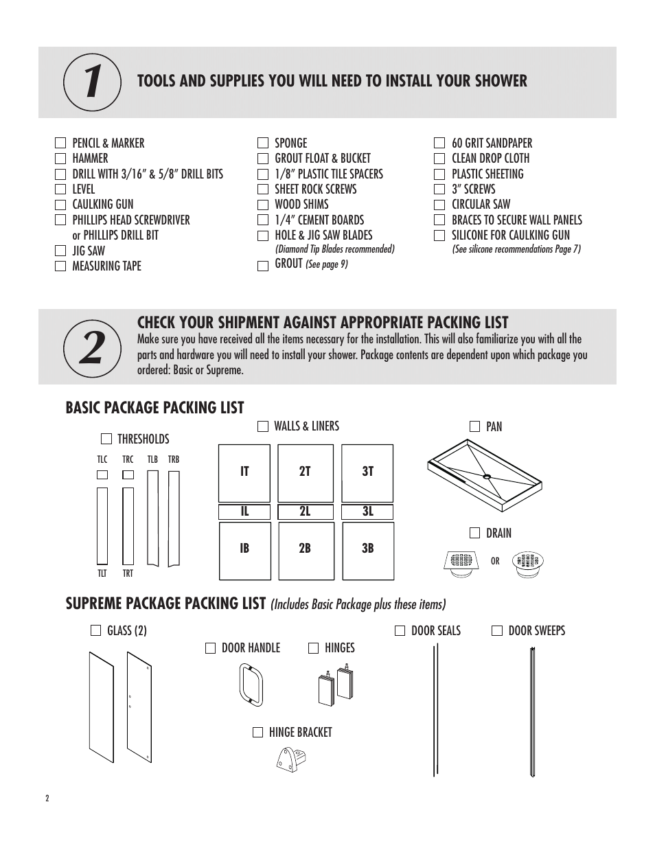 Basic package packing list, Supreme package packing list | American Bath Factory Single Supreme Carolina Shower User Manual | Page 2 / 10